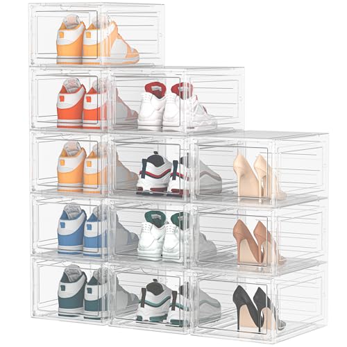 HOMIDEC Shoe Boxes,12 Pack Shoe Storage Box Clear Plastic Stackable Shoe Organizer Containers with Lid for Women/Men,34.5 x 27 x 19 cm