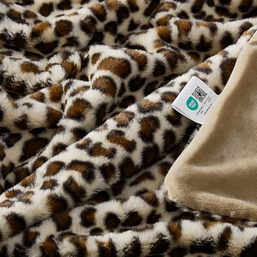 DREAMNINE Tierprint Kaninchenpelz-Imitat Decke,130 x 150 cm,Brauner Leopard – Ansicht 2