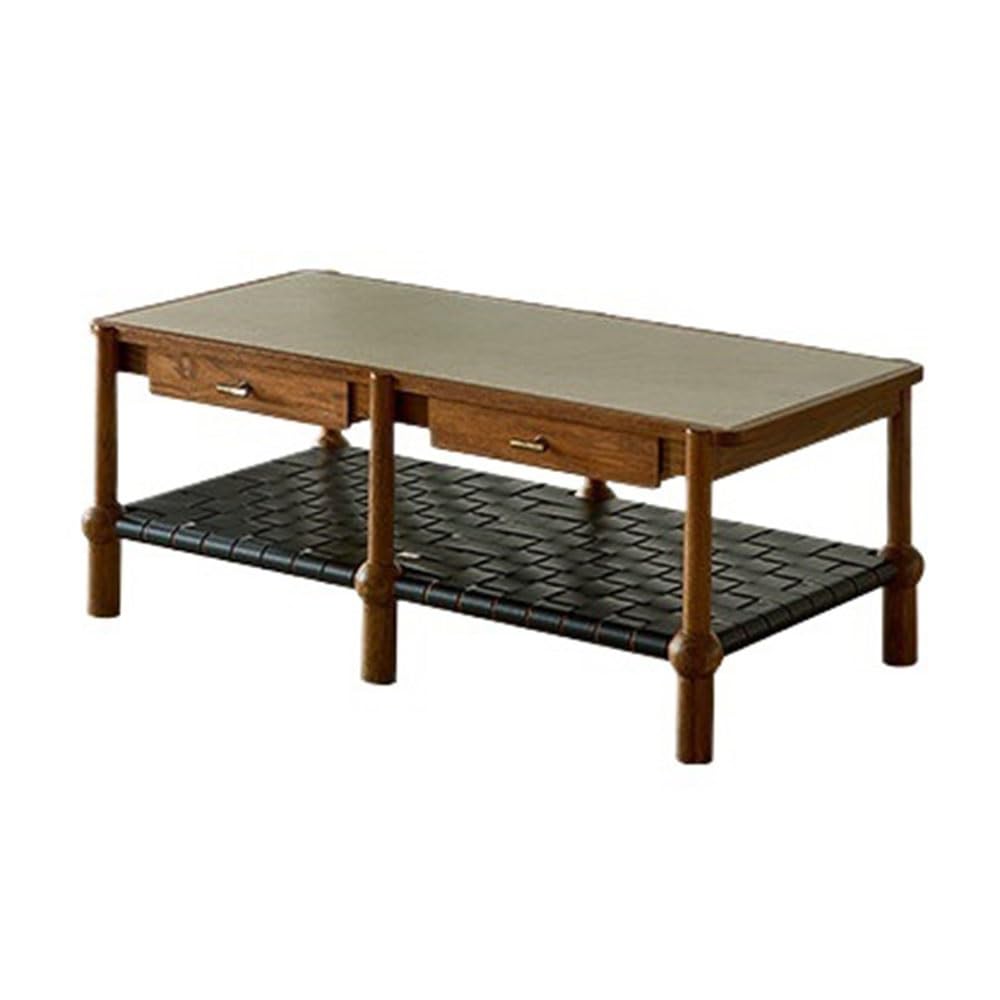ZTHYSHOZ Side Table Boho Wooden Coffee Table with 2 Drawers Woven Shelf Rounded Legs Living Room Decor