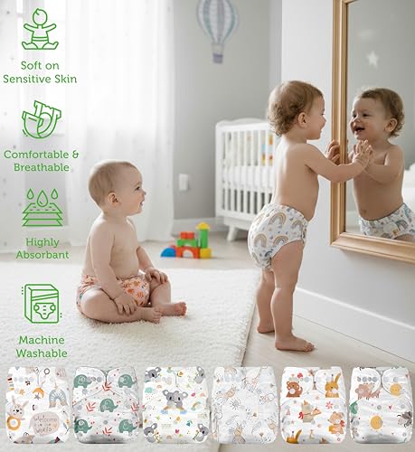 Miniatura 6 de Kolo Juego De 6 Pañales Lavables, 6 Pañales De Tela De Bambú, Bolsa De Pañales Para Viajes, Unisex Ajustable Pañales De Tela Para Bebé