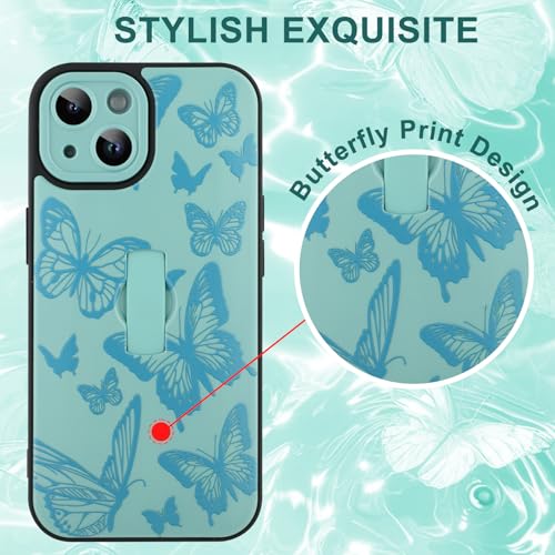 Image of for iPhone 15 Case with Finger Strap Holder, Cute Cool Butterfly Print Pattern Design for Women Men, Shockproof Anti Scratch Hand Kickstand Protective Cover, Green