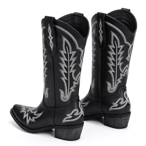 Image of Rivalran Cowboy Boots for Women - Cowgirl Boots with Embroidery, Chunky Heel Pointed Toe Pull-on Vintage Western Mid Calf Fashion Boots for Ladies
