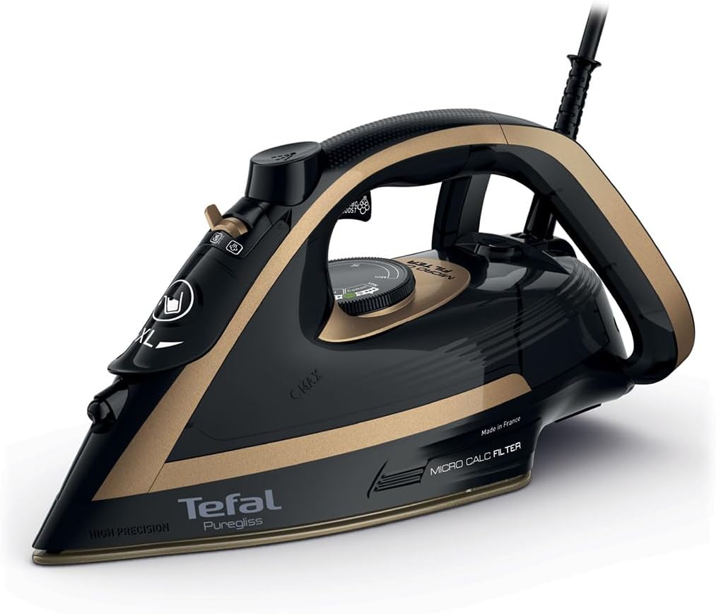 Tefal FV8064 Puregliss Buharlı Ütü 3000 Watt 280 g/dk Buhar Darbe 0 – 50 g/dk Değişken Buhar Dikey Buharlı Durilium AirGlide Autoclean Ütü Tabanı Micro-Calc Filtre, Siyah/Altın