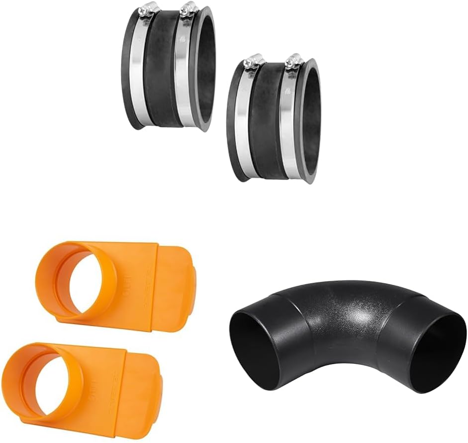 POWERTEC 70149-P2 4 Inch Dust Control Flex Cuff with Steel Hose Clamps & 70295-P2 4-Inch Integrated Blast Gate Clog Resistant & 70105 4" Elbow Dust Hose Connector, Black, 4", 90 Degree Elbow