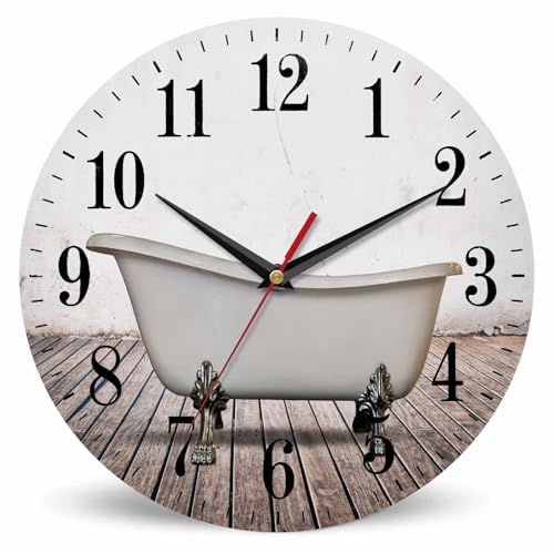 Mxocom Vintage Bathtub Wall Clock Bathroom White Old Wall Wood Floor 10 Inch Silent Non Ticking Battery Operated Clock Vintage Round Clock for Living Room Bedroom Bathroom Office Decor