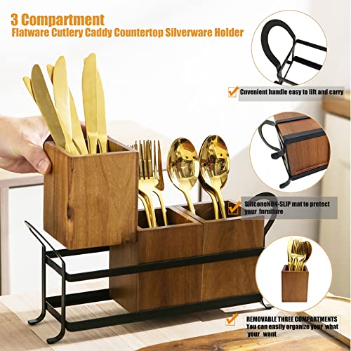 Nelybet Utensil Caddy Silverware Cutlery Holder With 3 Compartment, Wooden Utensil Crock Flatware Organizers With Metal Tray, Rustic Kitchen Utensil Organizers For Farmhouse Kitchen And Countertop #TOP1