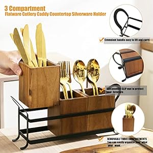 Utensil Caddy Silverware Cutlery Holder with 3 Compartment Wooden Utensil Crock Flatware Organizers with Metal Tray Rustic Kitchen Utensil Organizers for Farmhouse Kitchen and Countertop
