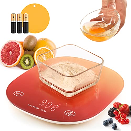 Bonvoisin Balance de Cuisine Numérique Électronique Professionnelle Précise 5Kg/1g pour Le Régime g/ml/fl.oz./lb:oz 4 Commutation d'Unités& Fonctions de Tare (avec Piles AAA, Orange Irisé)