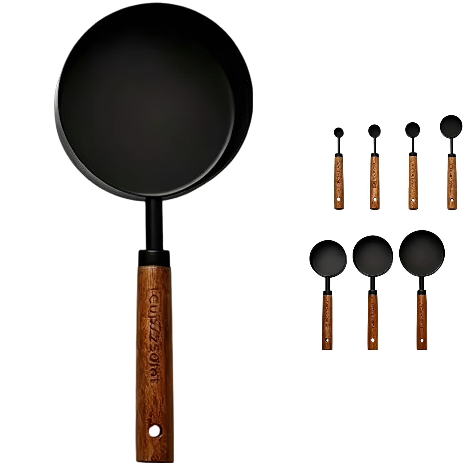 8-teiliges Messbecher- und Messlöffel-Set aus mattschwarzem Edelstahl mit Holzgriffen, gravierten Messangaben, für präzises Kochen, Backen und Meal Prep