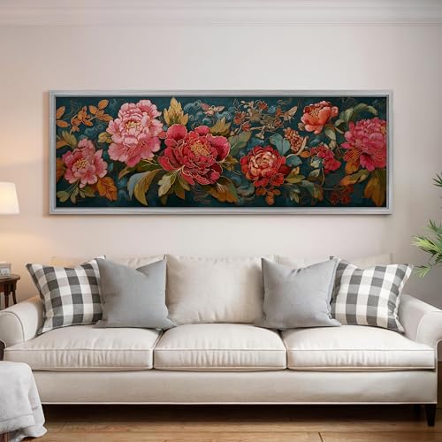 Peinture de pivoines style chinoiserie format panoramique 55x110 cm - 2