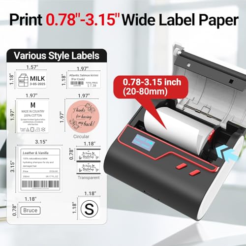 ORGBRO Etikettiergerät, Z3 Bluetooth Thermodrucker 2-3 Zoll Druckbreite Beschriftungsgerät Selbstklebend für Kleidung, Schmuck, Supermarkt, Kleinunternehmen mit 1 Rolle weiße 50x30mm Etiketten, Rot