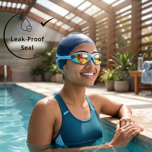 Image of BURNLAB Mirrored Lens Swimming Goggles for Pool and Outdoor Swimming, Adjustable Fit, Men & Women (blue)