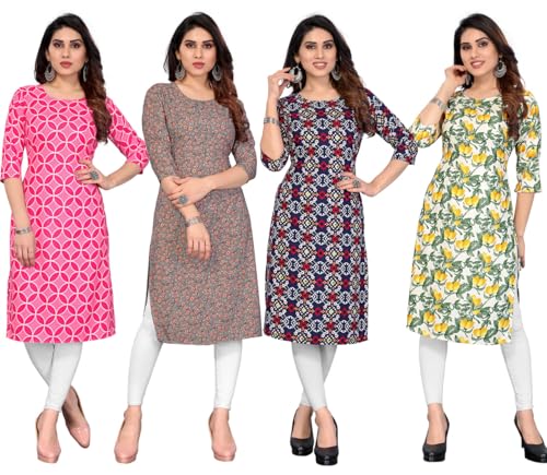 Image of JAKHANA Women's Crepe Printed Casual Straight Calf Length Round Nick Kurta Pack of 4