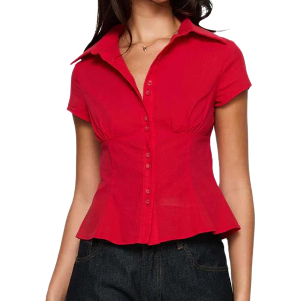 Women Y2k Coquette Button Down Shirt Cute Preppy Cap Sleeve V Neck Slim Fit Crop Top Casual 90S Vintage Blouse