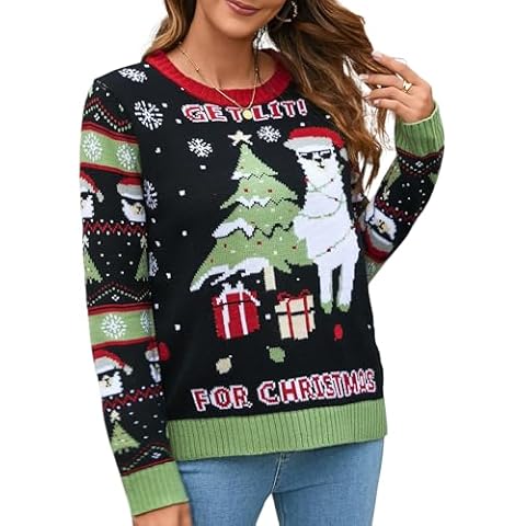 IFFEI Women's Christmas Jumper with Alpaca Print Cover