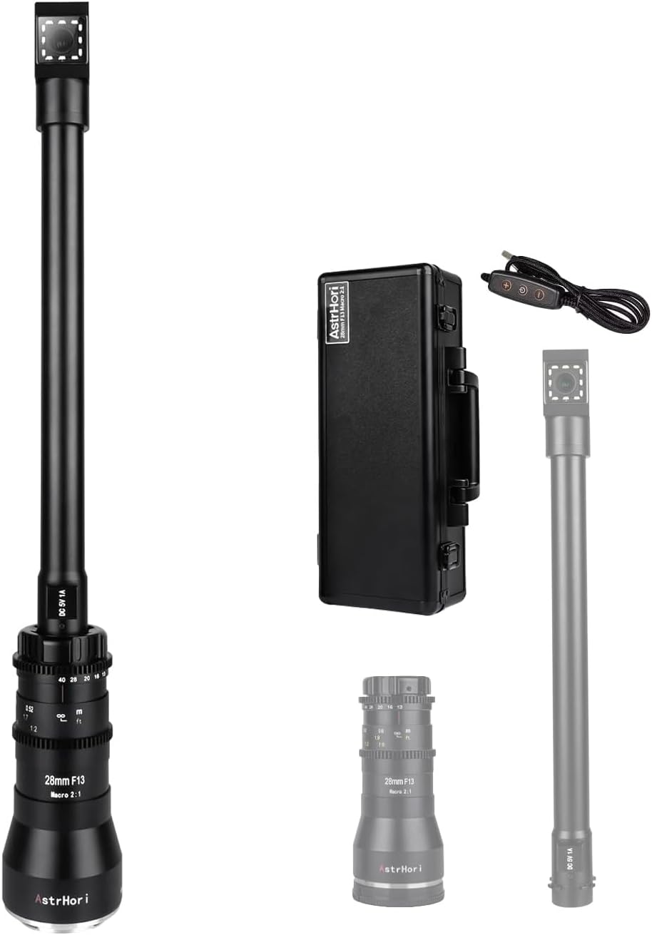 AstrHori 28mm F13 Probe Lens Full Frame 2X Macro Manual Focus Ultra Long Lens 90° Free Switching Special Macro Lens Built-in Ring Light for Canon EF Mount Series SLR Cameras