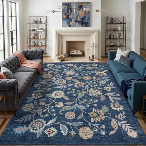 Garvee 9x12 Area Rugs for Living Room, Boho Vintage Floral Botanical Fall Washable Non-Slip Soft Rug for Bedroom Dining Nursery Office Low-Pile Stain Resistant Large Carpet Home Decor Navy Blue