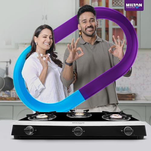Image of Milton Ignis Pro 3 Burners Auto Ignition Gas Stove | ISI Certified | 6mm Toughened Glass Top | 360 Degree Nozzle | Heavy Pan Support | Pure Brass Burners | 1 Year Manufacturer's Warranty-Black & White