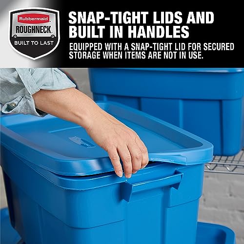 Image of Rubbermaid Roughneck Tote 14 Gal, 6 Pack, Made in USA, Heritage Blue, Rugged Plastic Stackable Storage Bins with Lids and Handles