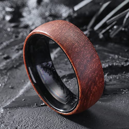 King Will 6/8mm Wedding Band for Men, Silver/Black Hammered Titanium Wedding Ring Inlaid Wood Inner Hole, Wedding Band for Men Matte Brushed Comfort Fit 7-142