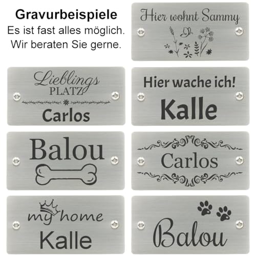 Sterngraf Hunde-Strandkorb mit Gravur zB Schild Pfoten (Name), personalisiertes Edelstahlschild, Hundekorb/Hundebett schwarz-grau