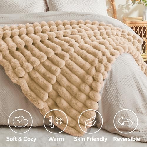 Image of BEDELITE Faux Fur Throw Blanket for Couch, 770GSM, 50 inch x 60 inch, Brown | Soft and Cozy Luxurious 3D Striped Fluffy Blanket, Warm Plush Fuzzy Faux Rabbit Fur for Women Gift, Stylish Room Decor