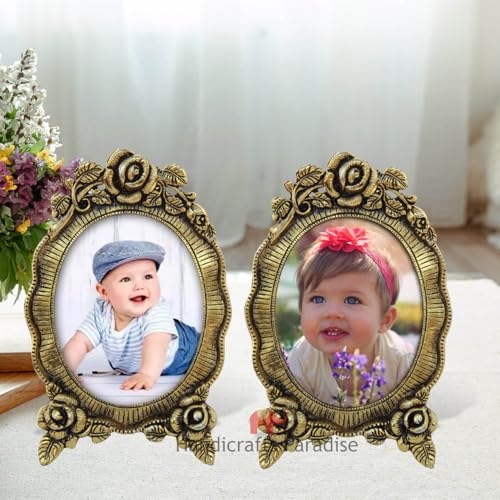 Image of Handicrafts Paradise Metal Photo Frame Antique Gold Finish Oval Picture Frame with Elegant Rose Floral Border Design for Home Office & Gifting - Set of 2 Pc 8 Inch