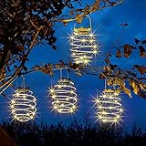 Garden Mile White Solar Powered LED Garden Ornaments Outdoor Lantern Lights with Spiral Effect - Hanging Copper LED Solar Lanterns for Party, Weddings, Garden Decor (Spiral Light, Pack of 4)