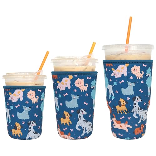 Image of 3 Pack Reusable Iced Coffee Sleeves - Xumbtvs Insulator Sleeve for Cold Beverages, Neoprene Coffee Cup Holder (Funny Dog)