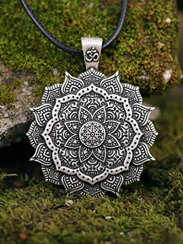 Haquil Mandala Flower Of Life Necklace, Buddhist Lotus Flower Om Mandala Pendant, Faux Leather Cord, Mandala Gift #TOP3