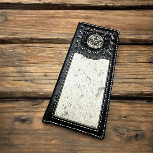 Men’s Long Leather Wallet – Hand Tooled Brown Rodeo Bifold with Hair-On Cowhide and Lone Star Concho – Western Checkbook Wallet for Cowboys & Texas Ranchers2