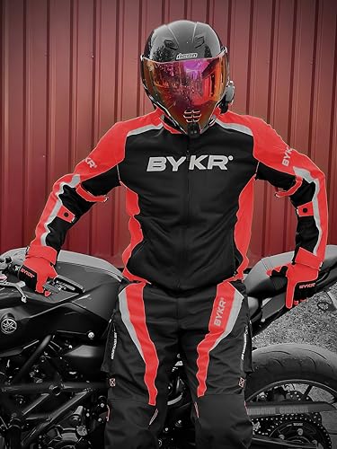 BYKR Mesh Motorcycle Jacket For Men Dual Sports Adventure Breathable Air Racing Bikers Riding Powersports Protective Motorbike Jackets Enduro CE Armored Red Medium