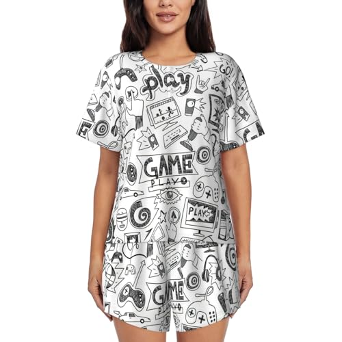 Pyjama 2 pièces femme style sketch gaming avec poches vêtements nuit été