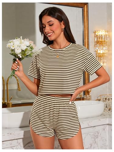 Image of OYOANGLE Womens Pajama Sets 2 Piece Sexy Lounge Sets Summer Cute Pjs Striped Print Tee and Side Split Shorts Set