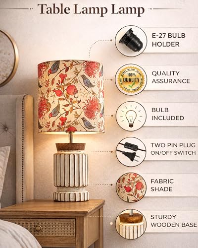 Image of Homesake Retro Farmhouse LED Table Lamp for Living Room Bedroom Rustic Linen Bedside Nightstand Lamps for Kids Room Study Office Wood Night Lamp, Carved Cylinder, (Bird)