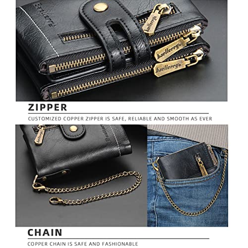 SUMGOGO Wallets for Men Bifold Leather Wallets with Chain RFID Blocking Double Zipper Coin Pocket Short Purse (Coffee)4