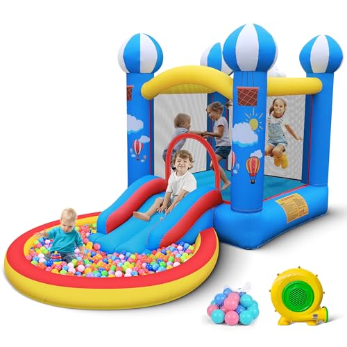 Culaluva Inflatable Bounce House: 4 in 1 Bouncy Castle with Ball Pit & Slide for Kids Age 3-6 with 370 Watt Blower and Storage Bag for Indoor Outdoor Play Oxford Cloth