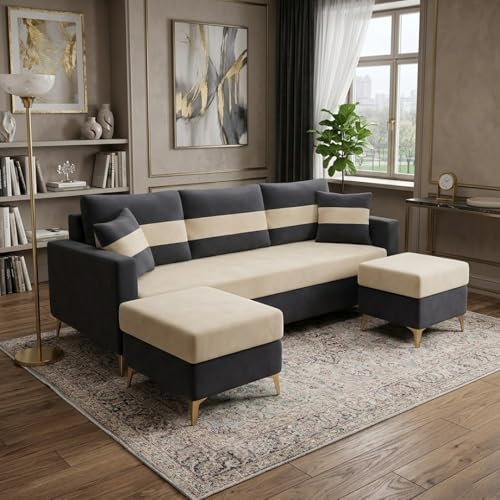 Image of SOCOZI Bastian 5 Seater L Shape Sofa Set with 2 Movable Ottomans | Flexible Layout| Soft Velvet Suede Fabric|Modern Sofa with Golden Legs | Plush Comfort Cushions for Living Room (Cream-Dark Gray)
