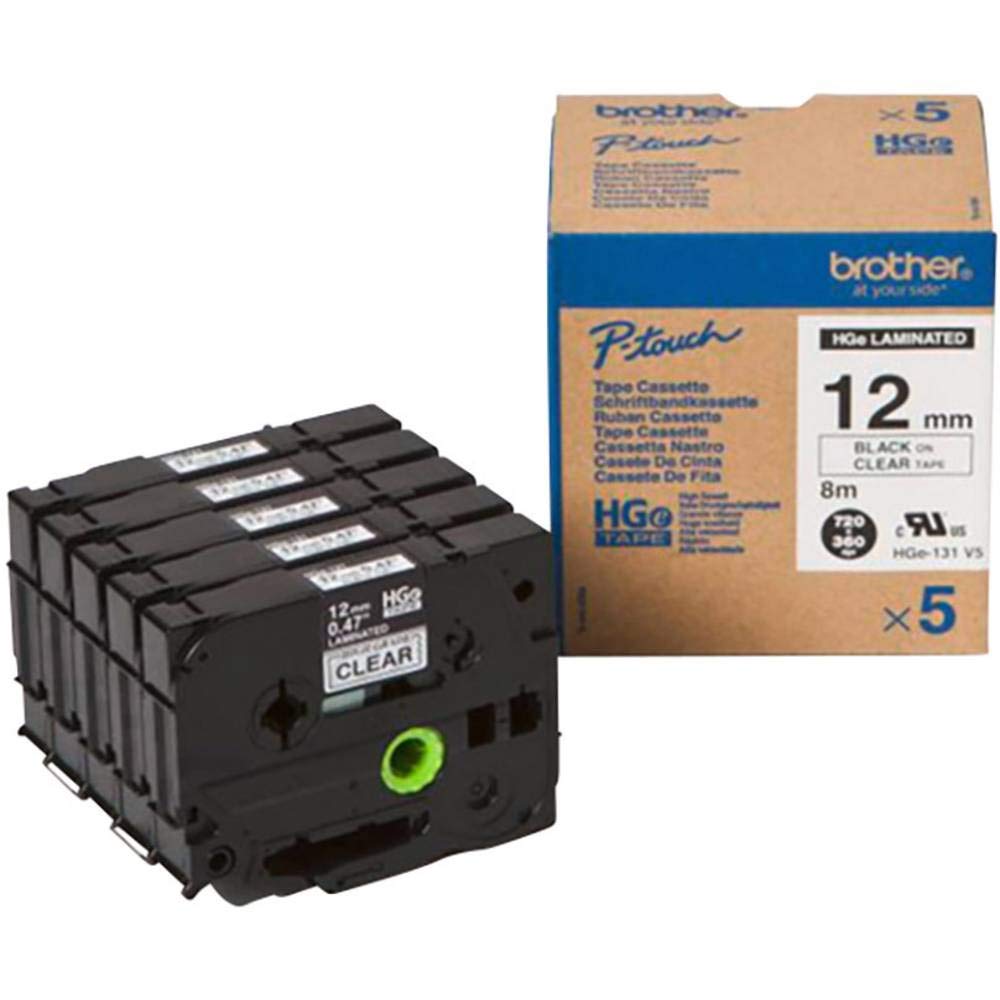 Brother HGe-131V5 Beschriftungsbandkassette, Vorteilspack, schwarz auf klar, 12 mm (B) x 8 m (L), laminiert, inkl. 5 x Bänder, Brother Originalbedarf