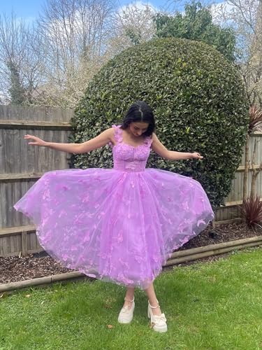 Tulle Tea Length Prom Dresses for Women 3D Butterfly A Line Sleeveless Formal Evening Gowns4