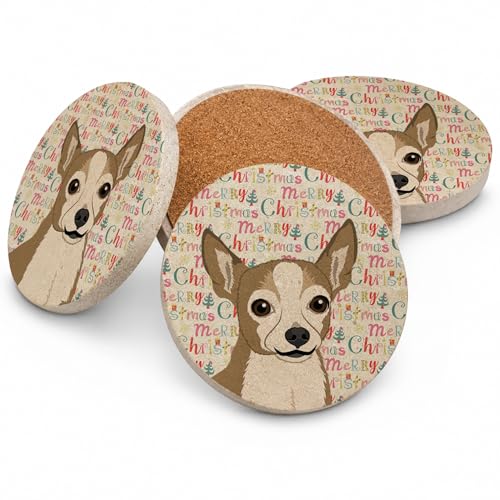 Caroline's Treasures Chihuahua Silver and Tan Christmas Large Sandstone Coasters Pack of 4 Absorbent Round Coasters Decor Gifts for Men or Women, 4 in, Multicolor