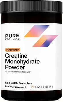 PureFormulas Creatine Monohydrate for Muscle Growth, Creatine Monohydrate Powder, 90 Servings, 16 Oz 1 lb 450 g, Dairy-Free, Gluten-Free, Non-GMO, Enhance Athletic Performance & Strength