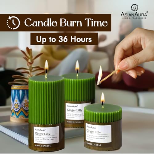 Image of ASIAN AURA Ribbed Pillar Candles - Pack of 3 | Scented Candles for Home Decor, Gifting & Festive Use | Long Burn time up to 36hrs | Clean-Burning Wax & Smokeless Flame (Ginger Lilly)