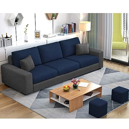 Image of FURNY -Arvon 3 Seater Fabric Sofa Set with 2 Puffy for Living Room in (Blue-Dark Grey)