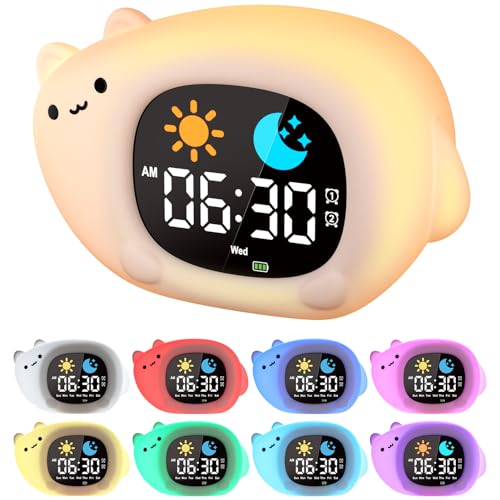 YISSVIC Réveil Enfant Educatif Jour Nuit 2 Alarmes 3 Récurrence de l'Alarme 12/24 Heure Snooze 10 Chansons Luminosité de l'Ecran Réglable Réveil Lumineux 7 Couleurs Arrêt Automatiquement en Forme Chat