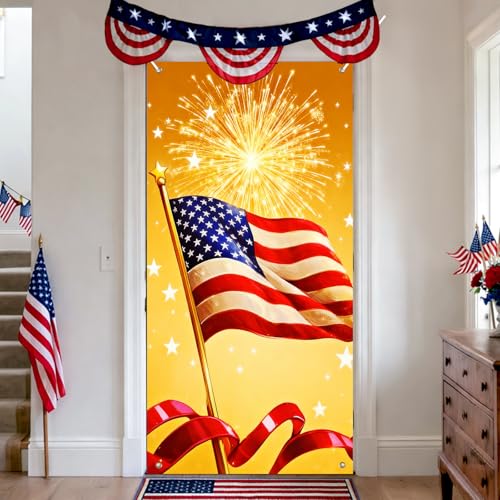 Image of BissYard Patriotic Door Cover 71 x 35 Inches American Flag Fireworks Door Banner Independence Day 4th of July Front Door Decoration Indoor Outdoor Porch USA Holiday Decor