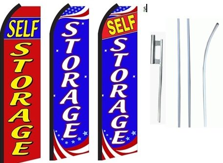 OnPoint Wares Self Storage Feather Flag – King Banner Outdoor Advertising Sign Kit with Pole and Ground Spike, Pack of 3 | Weatherproof Polyester Business Flag