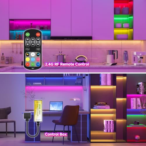 Image of BTF-LIGHTING FCOB COB RGBW 4000K LED Strip Kit,UL Listed Flexible High Density DC12V 16.4FT 12mm Width 3M Tape RF Remote Controller Color Changing for Bedroom Kitchen Home Indoor Decoration