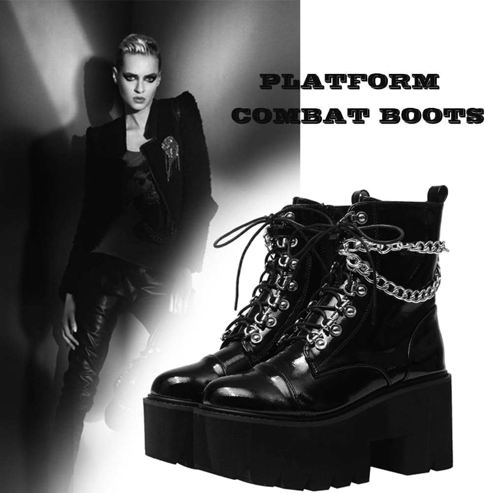CYNLLIO Platform Ankle Boots for Women Combat Chunky Wedge Heel Boots Rave Goth Lace Up & Zipper Booties Punk Chain Shoes for Festival Concert Cosplay Party - Image 6