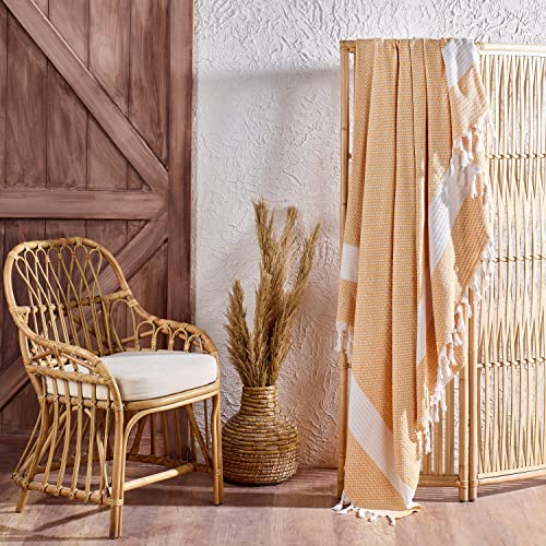 Aegean Concept Blanket, Vintage Boho Rustic 100% Cotton Super Soft 90"X102" (230 Cm X 260 Cm) King Size,Adult Turkish Muslin Light, Cozy Couch Bedcover King Blankets, (Mustard) #TOP2